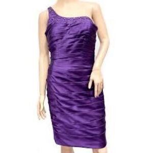 Adrianna Papell 12 One Shoulder Embellished Satin Cocktail Dress Purple Layered